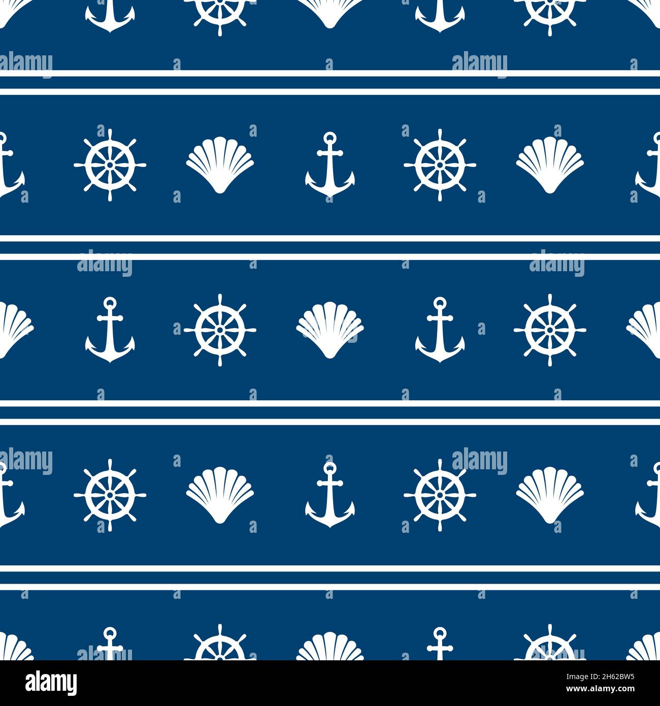 Nautical seamless pattern with shells and anchors on blue background. Ship and boat steering wheel ornament. Marine wallpaper with rudder. Summer vect Stock Vector