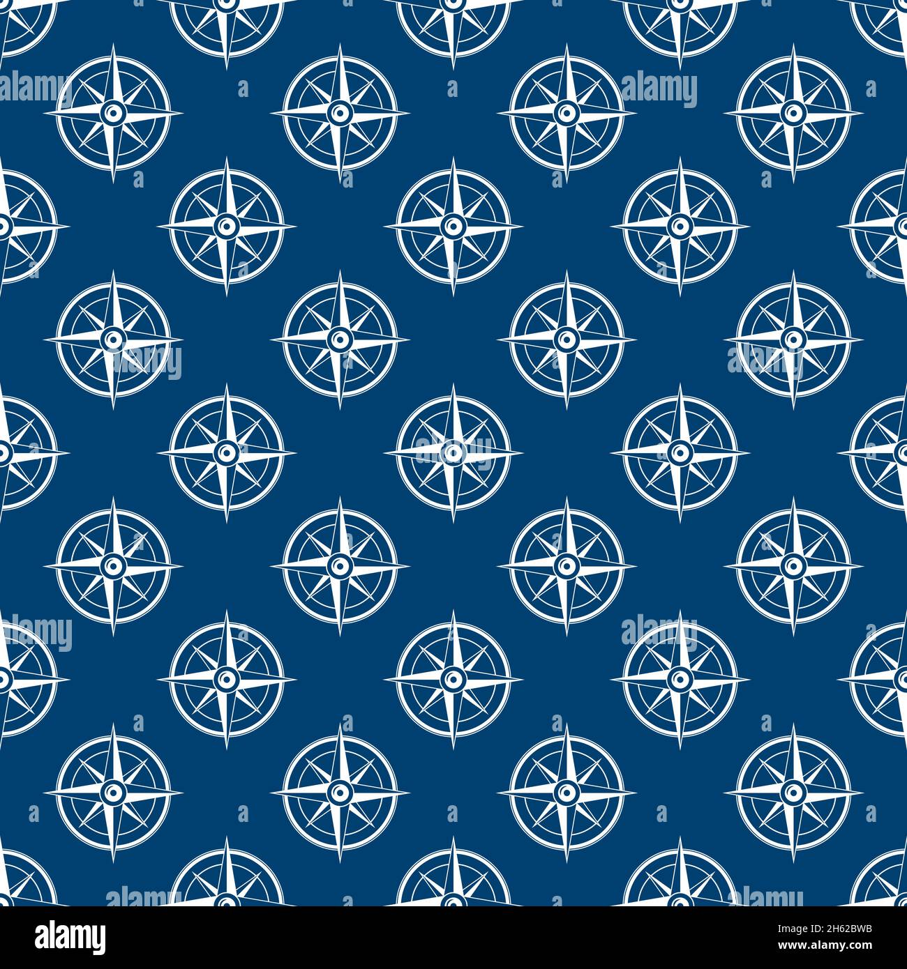 Nautical seamless pattern with compass on blue background. Ship and boat steering wheel ornament. Marine wallpaper with rudder. Summer vector flat ill Stock Vector