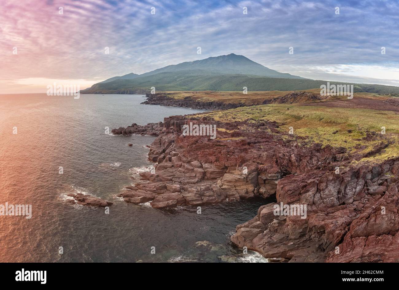 Russia, the Kuril Islands, Iturup Island, the Yankito lava plateau on the Pacific coast. Aerial view. Stock Photo