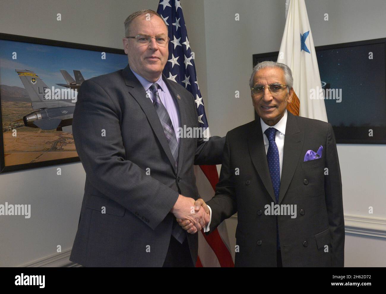 Deputy Secretary of Defense Bob Work meets with Pakistan's Minister of StateTariq Fatemi at the Pentagon, July 24, 2015. Stock Photo