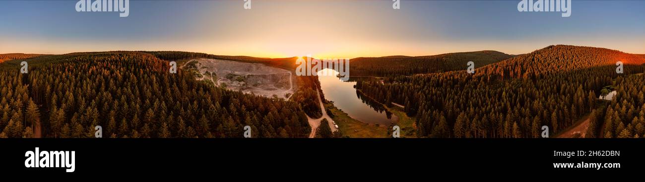 germany,thuringia,oberhof,lütschetalsperre,forest,mountains,quarry,sunrise,aerial view,360 –° panorama Stock Photo