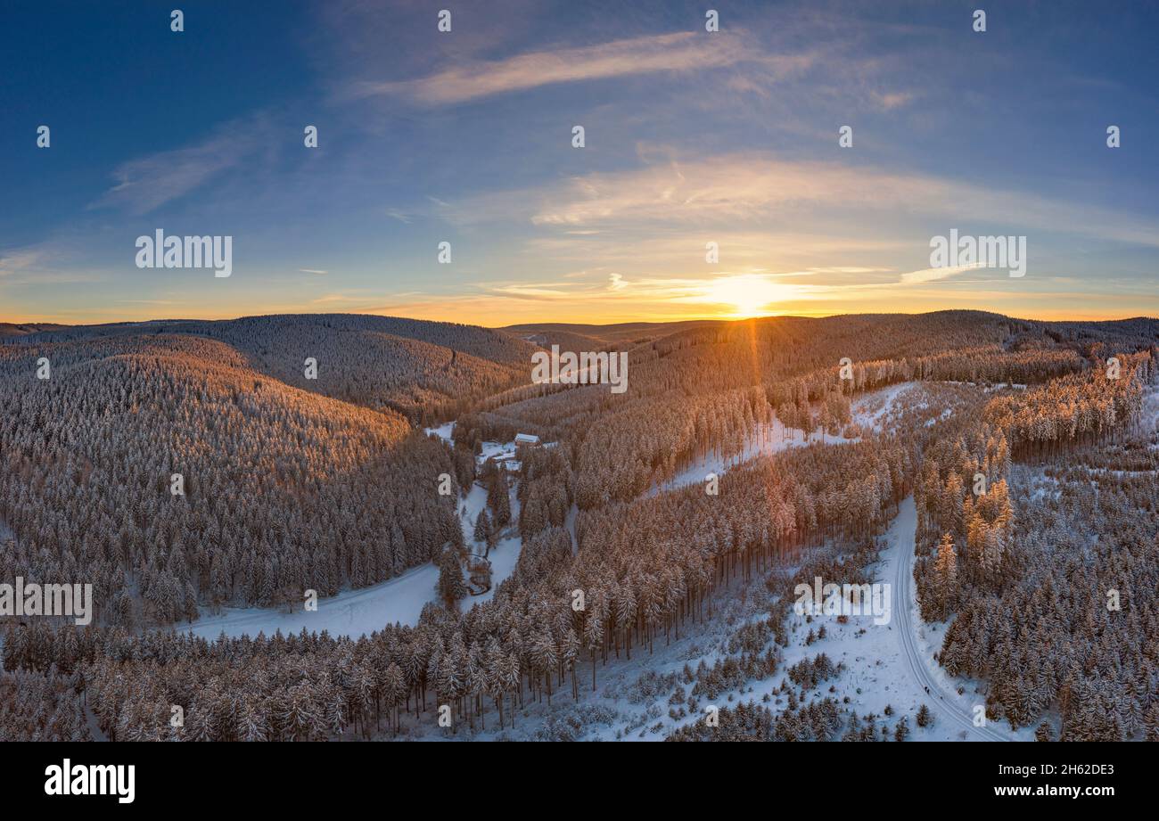 germany,thuringia,ilmenau,gehren,forest,mountains,stream,snow,rennsteig environment,sunset,back light,aerial view Stock Photo