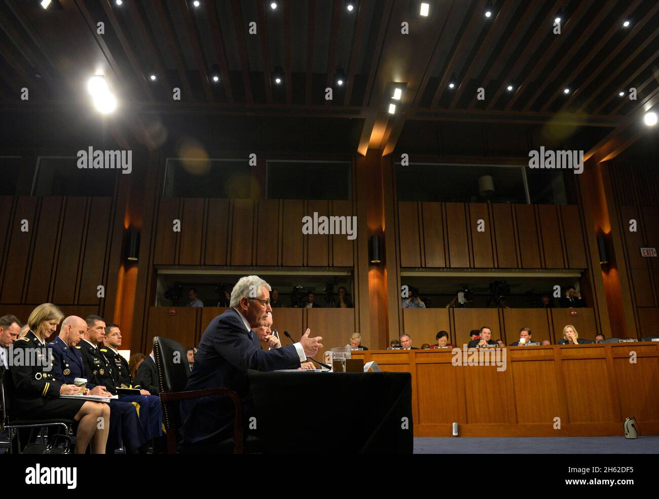 Secretary of Defense Chuck Hagel testifies about U.S. policy toward Iraq and Syria and the threat posed by the Islamic State during a senate hearing Sept. 16, 2014 Stock Photo