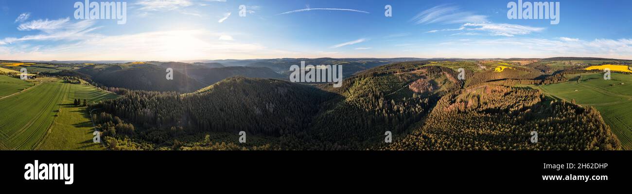 germany,thuringia,großbreitenbach,allersdorf,valleys,mountains,forest,fields,landscape,partly back light,aerial view,360 –° panorama Stock Photo