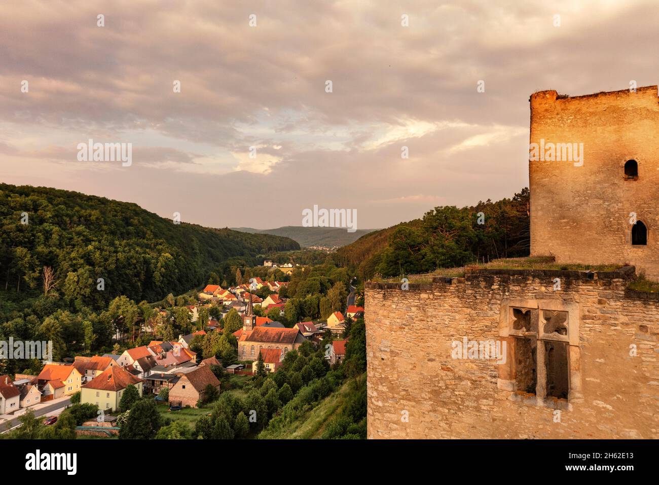 germany,thuringia,rural community geratal,liebenstein,liebenstein castle ruins,castle window,village,houses,street,valley,forest Stock Photo