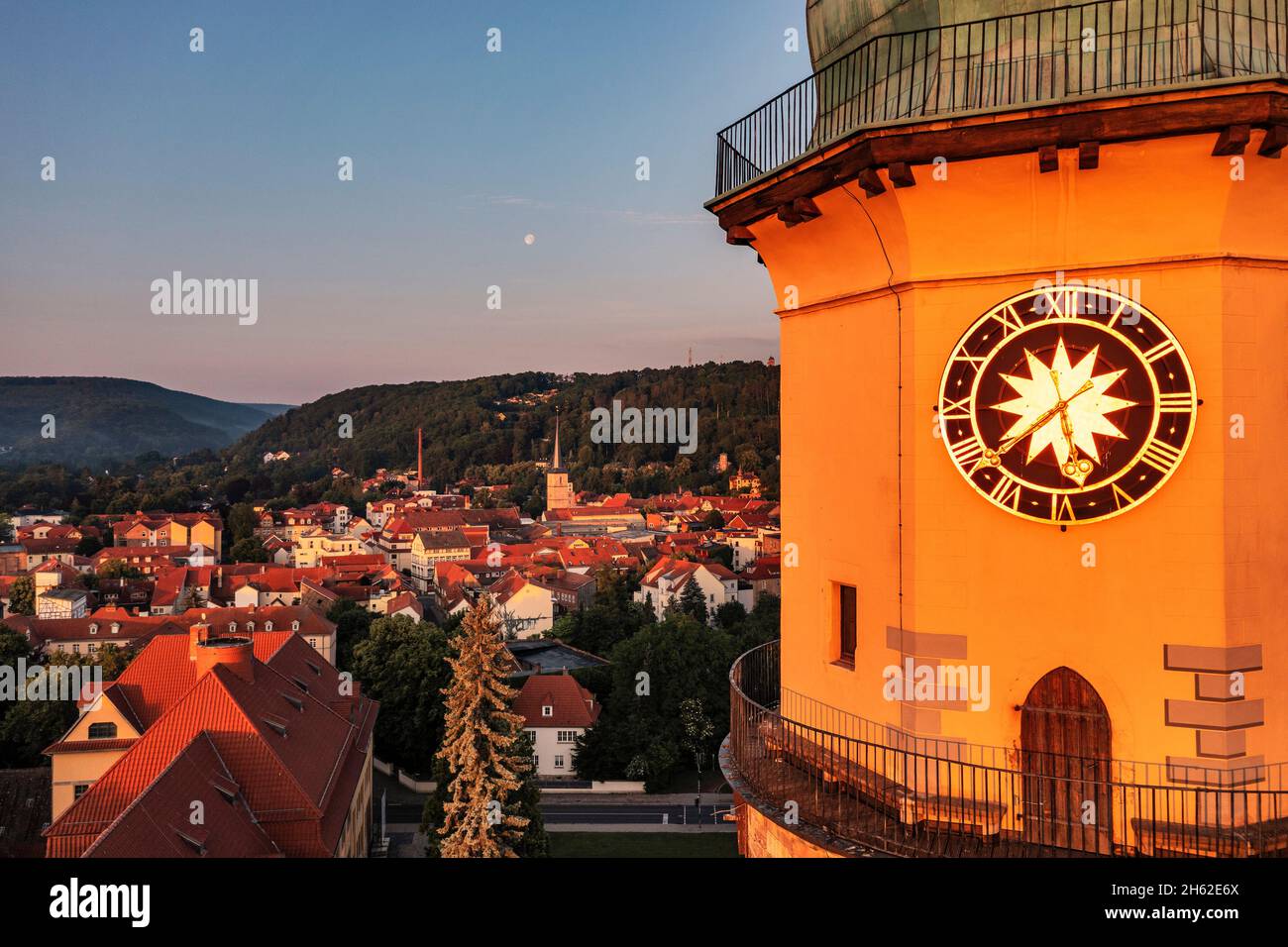 germany,thuringia,arnstadt,neideckturm,tower clock,jakobsturm (background),town,overview,morning light Stock Photo