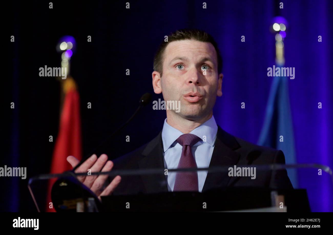 U.S. Customs and Border Protection Deputy Commissioner Kevin K. McAleenan delivers the luncheon keynote at the 2016 East Coast Trade Symposium in Crystal City, Va., December 2, 2016. Stock Photo