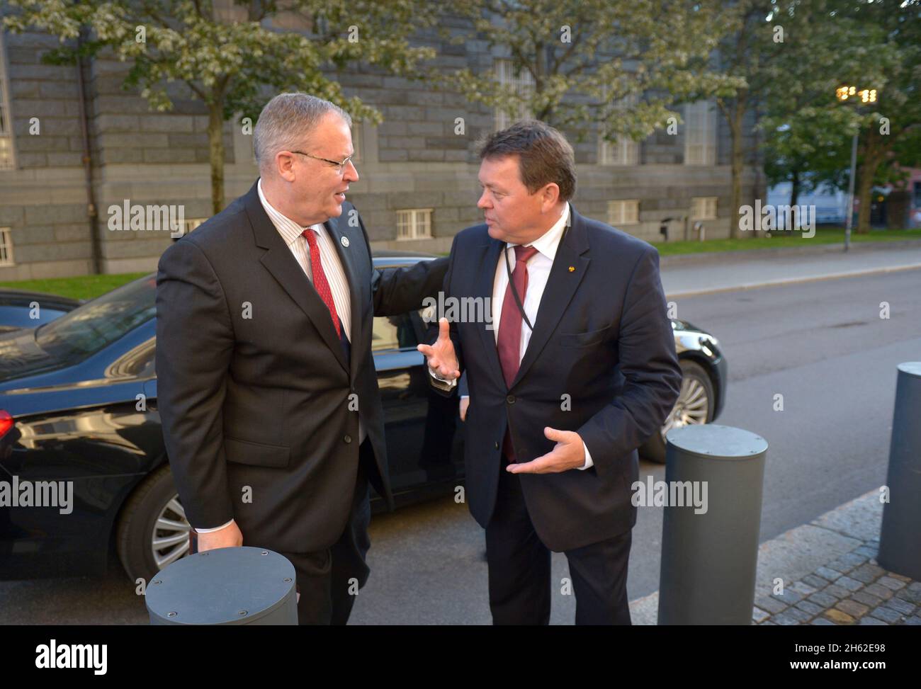 Deputy Secretary of Defense Bob Work is greeted by by Norwegian Secretary of State Øystein Bø as he arrives for a meeting with Norwegian Minister of Defense Ine Eriksen Søreide in Oslo, Norway, Sept. 8, 2015 Stock Photo
