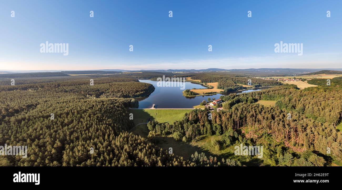 germany,thuringia,ilmenau,heyda,dam,house,forest,overview,aerial picture Stock Photo