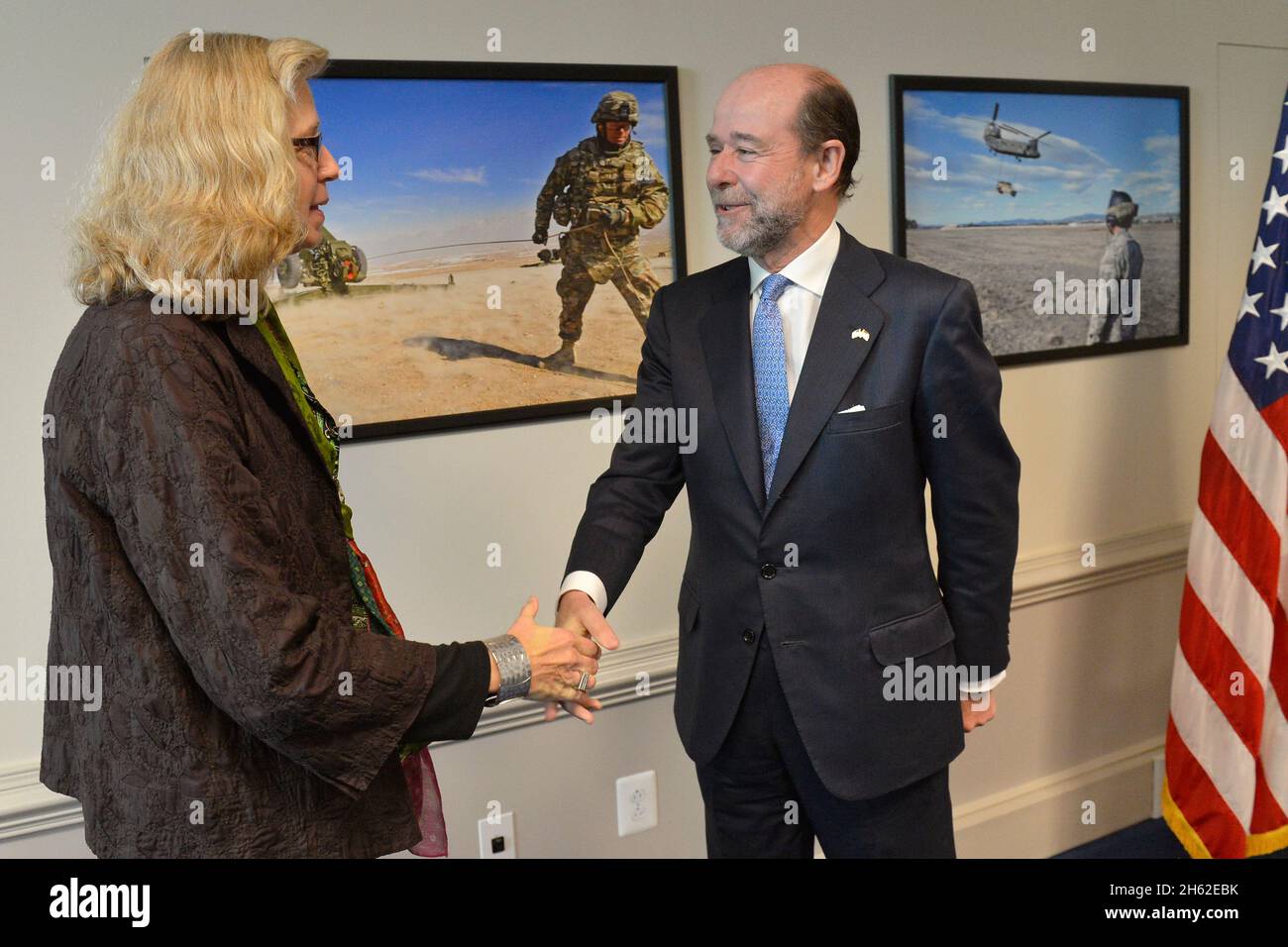 Acting Deputy Secretary of Defense Christine Fox welcomes Spanish Minister of Defense D. Pedro Argüelles Salaverría April 8, 2014 Stock Photo