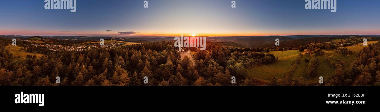 germany,thuringia,rural community schwarzatal,oberweißbach,deesbach,observation tower,landscape,forest,mountains,sunrise,360 –° panorama,partly backlit Stock Photo