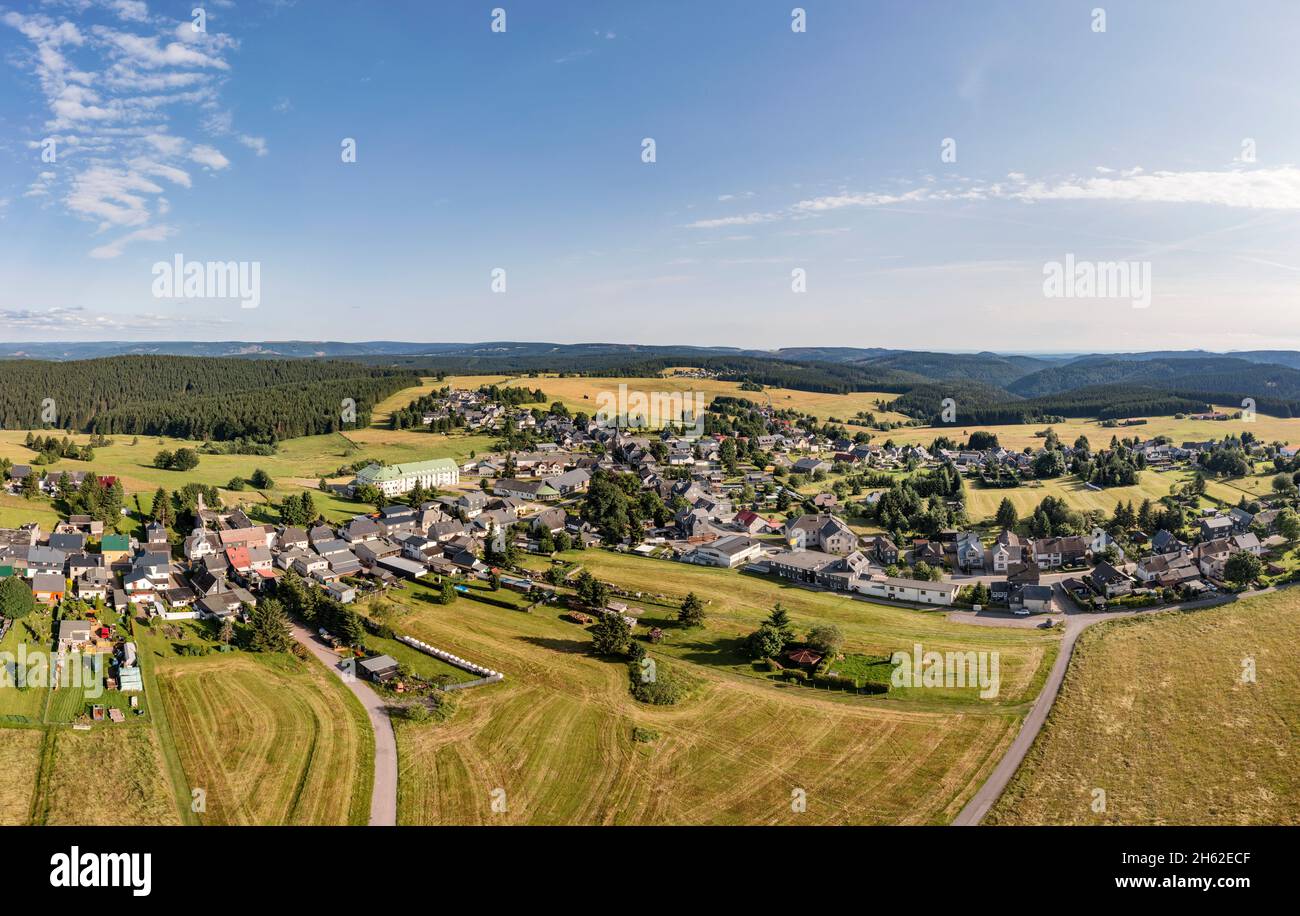 germany,thuringia,großbreitenbach,neustadt am rennsteig,village,mountain meadows,overview,landscape,aerial view Stock Photo