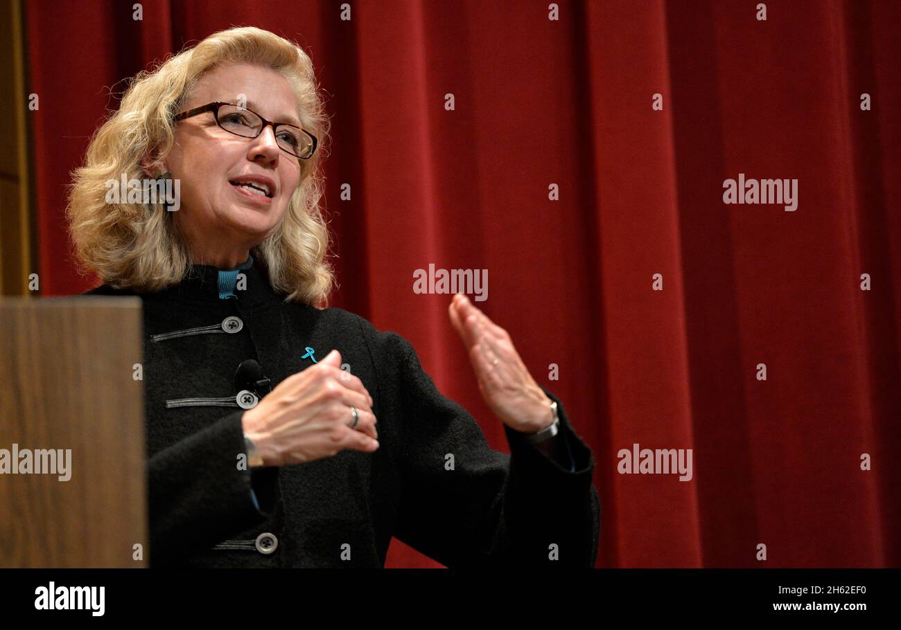 Acting Deputy Secretary of Defense Christine Fox delivers remarks to students and faculty of the Air War College at Maxwell AFB in Montgomery, Al., April 3, 2014. Stock Photo