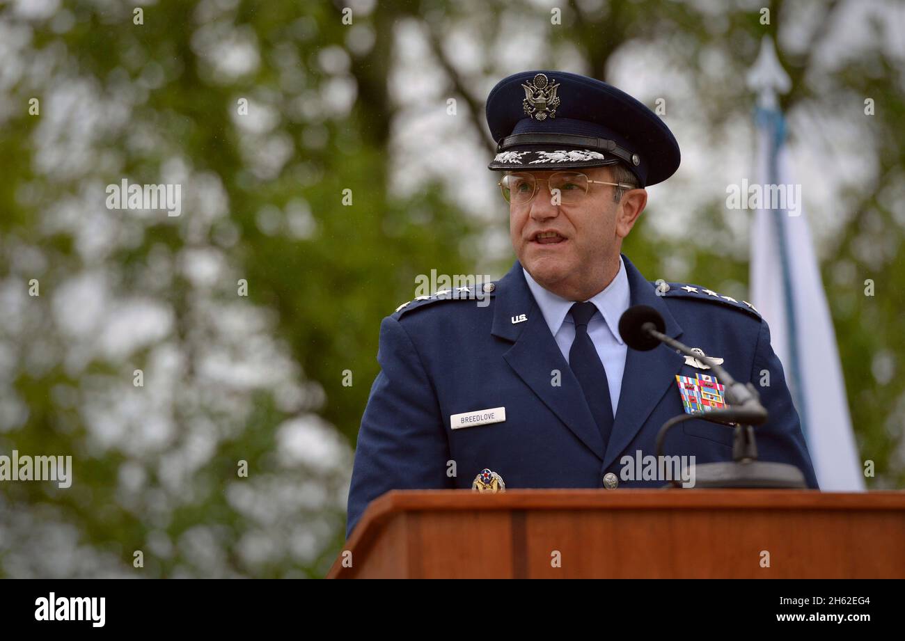 Air Force General Phillip Breedlove makes remarks as he prepares to assume command of EUCOM during a change of command ceremony between he and Navy Admiral James Stavridis and on Patch Barracks, in Stuttgart, Germany, May 10, 2013. Stock Photo