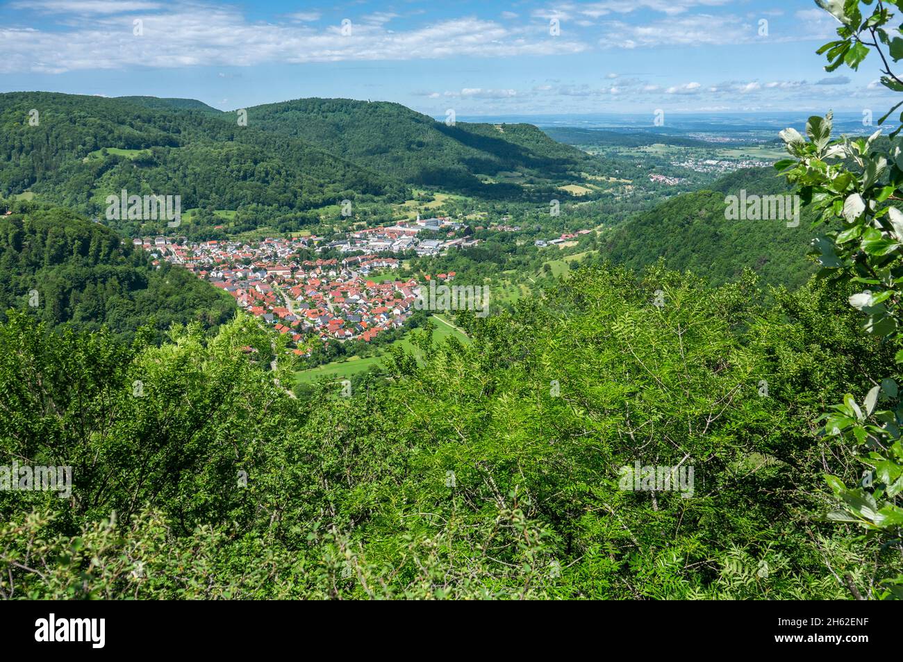 view from the eckfelsen into the echaz valley near unterhausen. center of the picture above the place,the schönberg and the pfullinger tub. Stock Photo