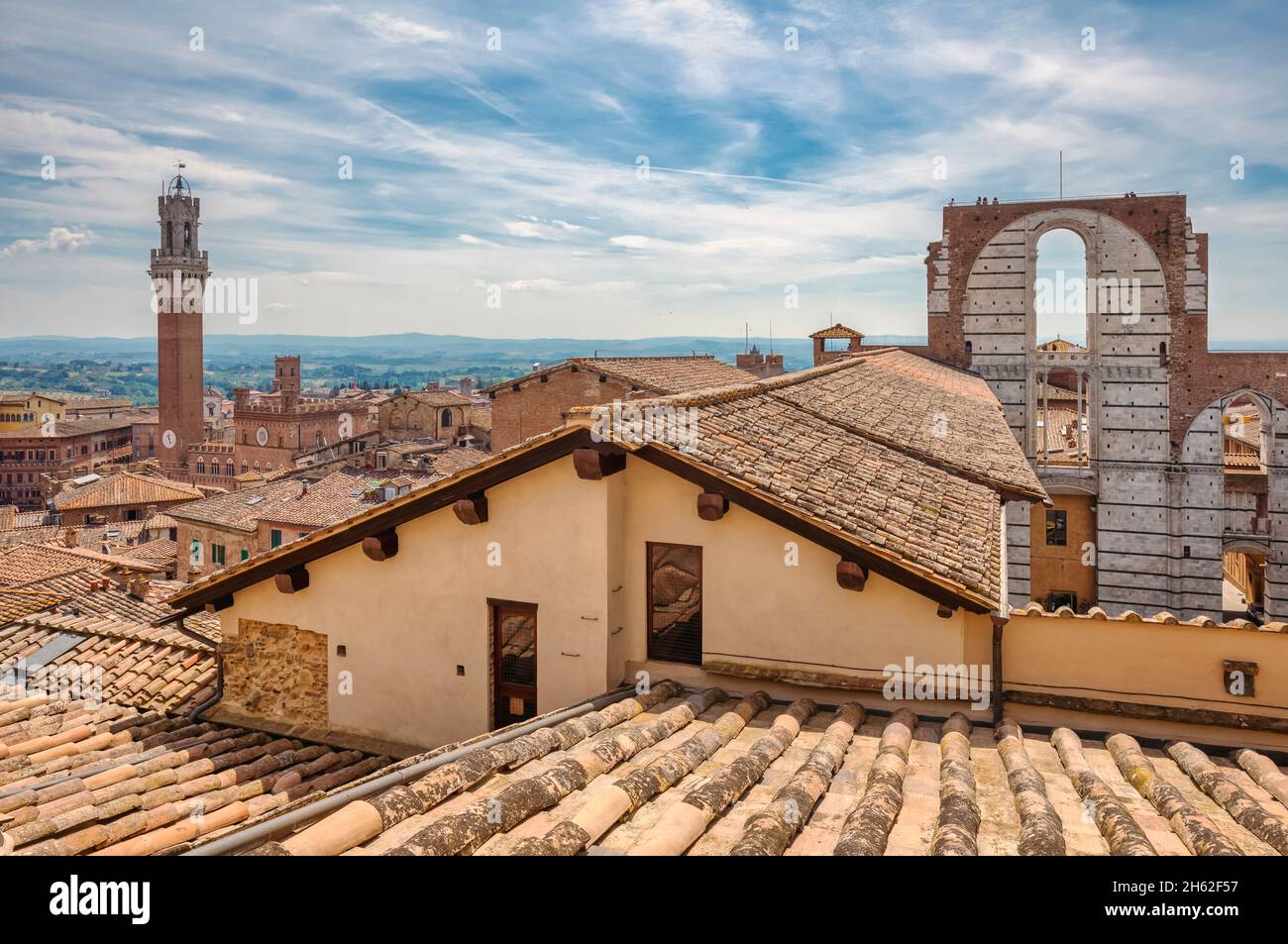 elevated view on torre del mangia and piazza del campo,historic town,siena,tuscany,italy Stock Photo
