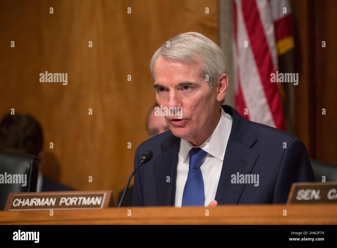Committee Chairman Sen. Rob Portman makes opening comments as U.S. Customs and Border Protection Acting Executive Assistant Commissioner for Operations Support Robert Perez testifies before the Senate Governmental Affairs Committee during a subcommittee hearing on U.S. strategy to combat illicit drugs in the Permanent Subcommittee on Investigations titledÔ 'Stopping the Shipment of Synthetic Opioids: Oversight of U.S. Strategy to Combat Illicit Drugs' in Washington, D.C., May 25, 2017 Stock Photo