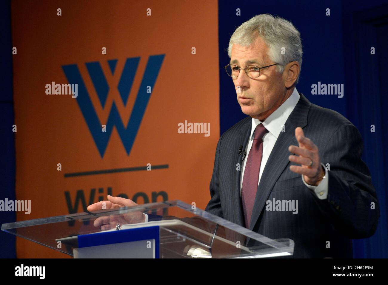 Secretary of Defense Chuck Hagel delivers remarks at the Wilson Center May 2, 2014 in Washington, D.C. Stock Photo
