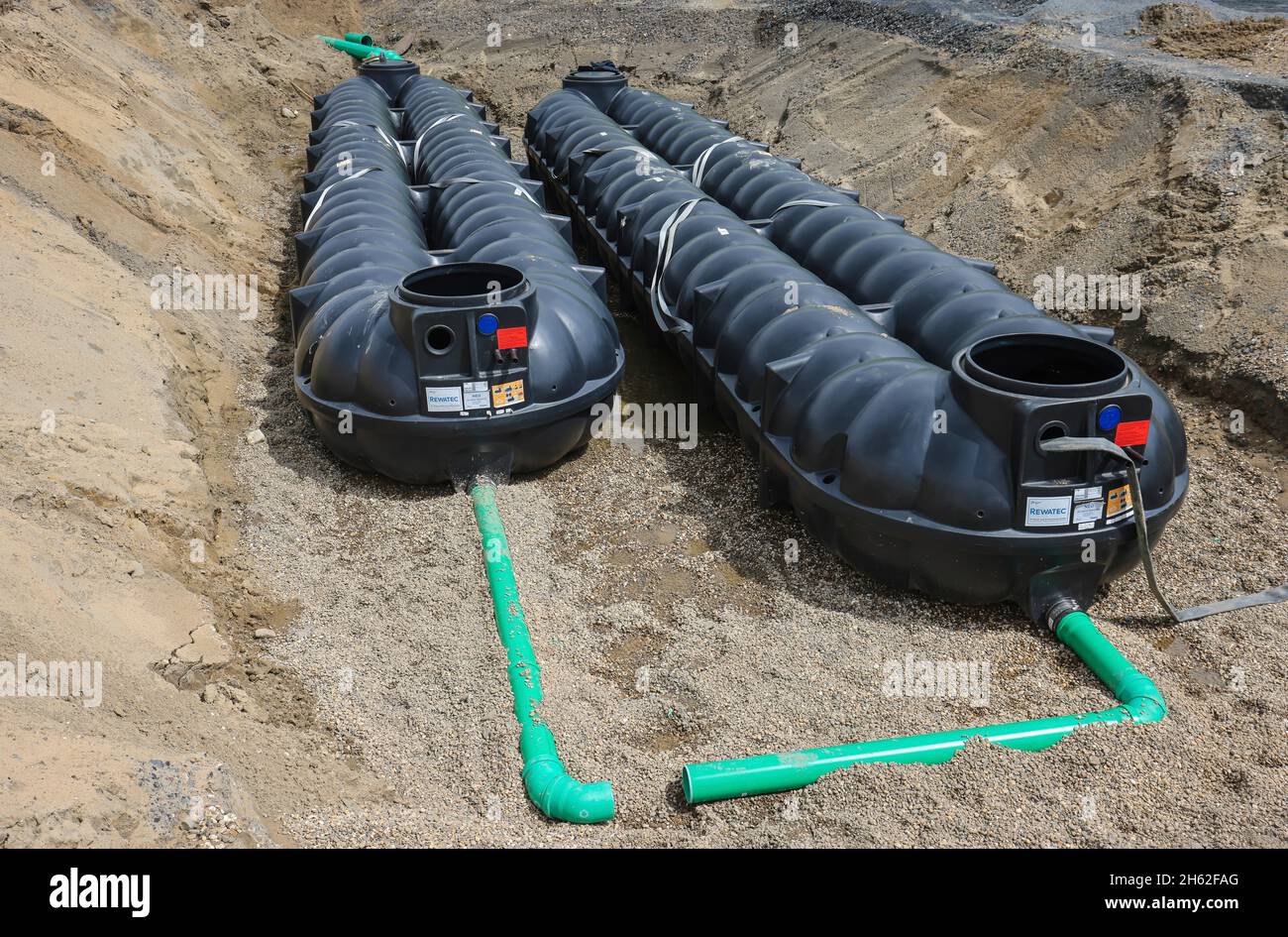 oberhausen,north rhine-westphalia,germany - emscher conversion,new construction of the emscher ake sewer,here the new pumping station in oberhausen,2 rainwater cisterns collect together 50,000 liters of rainwater,the newly created gardens are then watered via a well system. Stock Photo