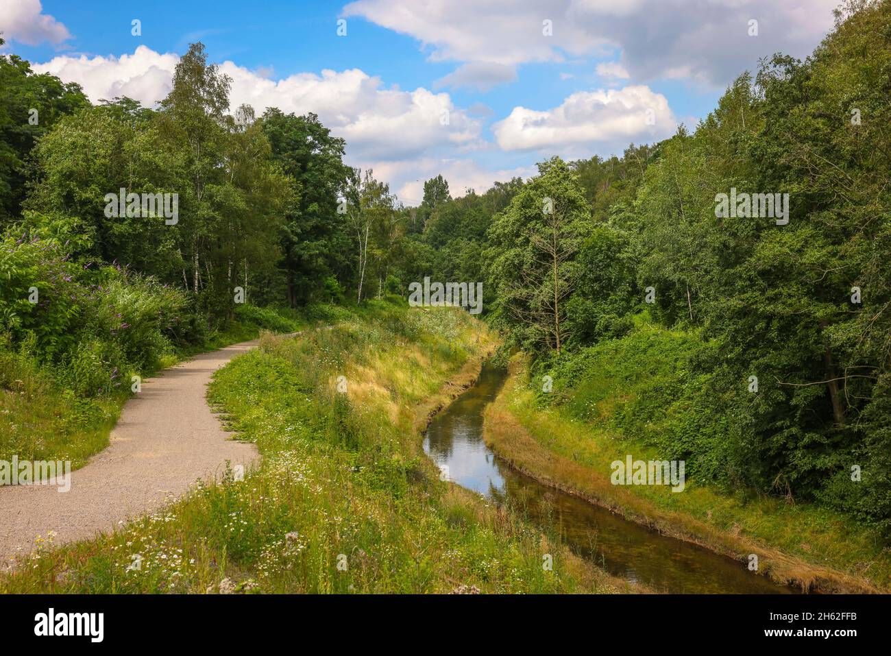 bottrop,north rhine-westphalia,germany - renatured boye,the tributary of the emscher,has been redesigned to a near-natural body of water,flood protection through newly designed flooding areas,the boye is now free of sewage after the construction of a parallel sewer,belongs to the emscher river system and therefore part of the emscher conversion,was previously an open,above-ground wastewater sewer,mixed water sewer with surface water and sewage. Stock Photo