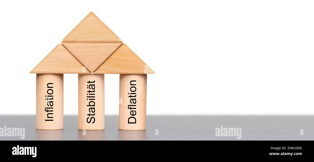 three pillars of the money economy with inflation,stability and deflation Stock Photo