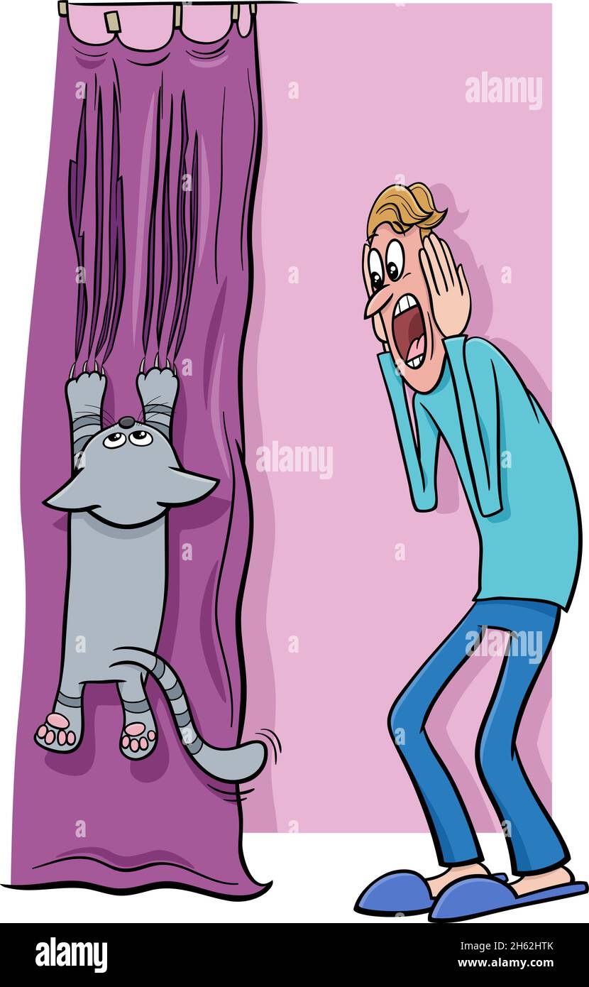 Cartoon illustration of cat hanging on curtain and his terrified owner Stock Vector
