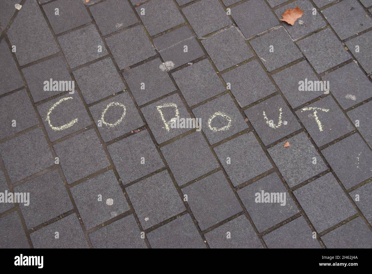 London, UK. 12th Nov, 2021. 'Copout' is seen written in chalk on the pavement outside the Science Museum during the demonstration.Extinction Rebellion demonstrators gathered outside the Science Museum in South Kensington, as part of their ongoing protests against sponsorship of the museum by fossil fuel companies Shell and Adani. (Photo by Vuk Valcic/SOPA Images/Sipa USA) Credit: Sipa USA/Alamy Live News Stock Photo