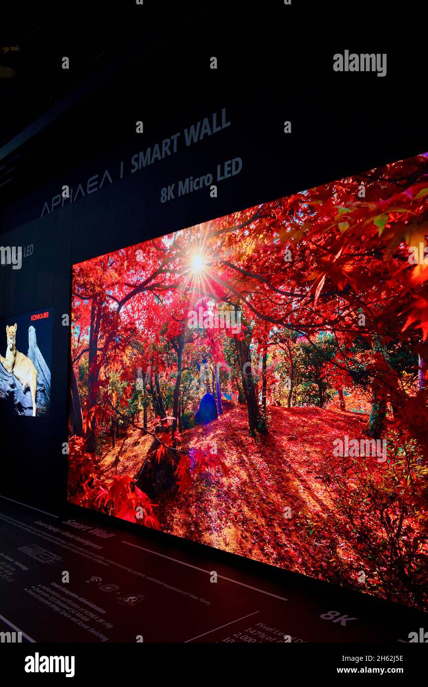 Chinese electronics manufacturer Konka exhibiting their Aphaea Smart Wall 8K Micro LED TV at Consumer Electronics Show (CES) Las Vegas, NV, USA Stock Photo