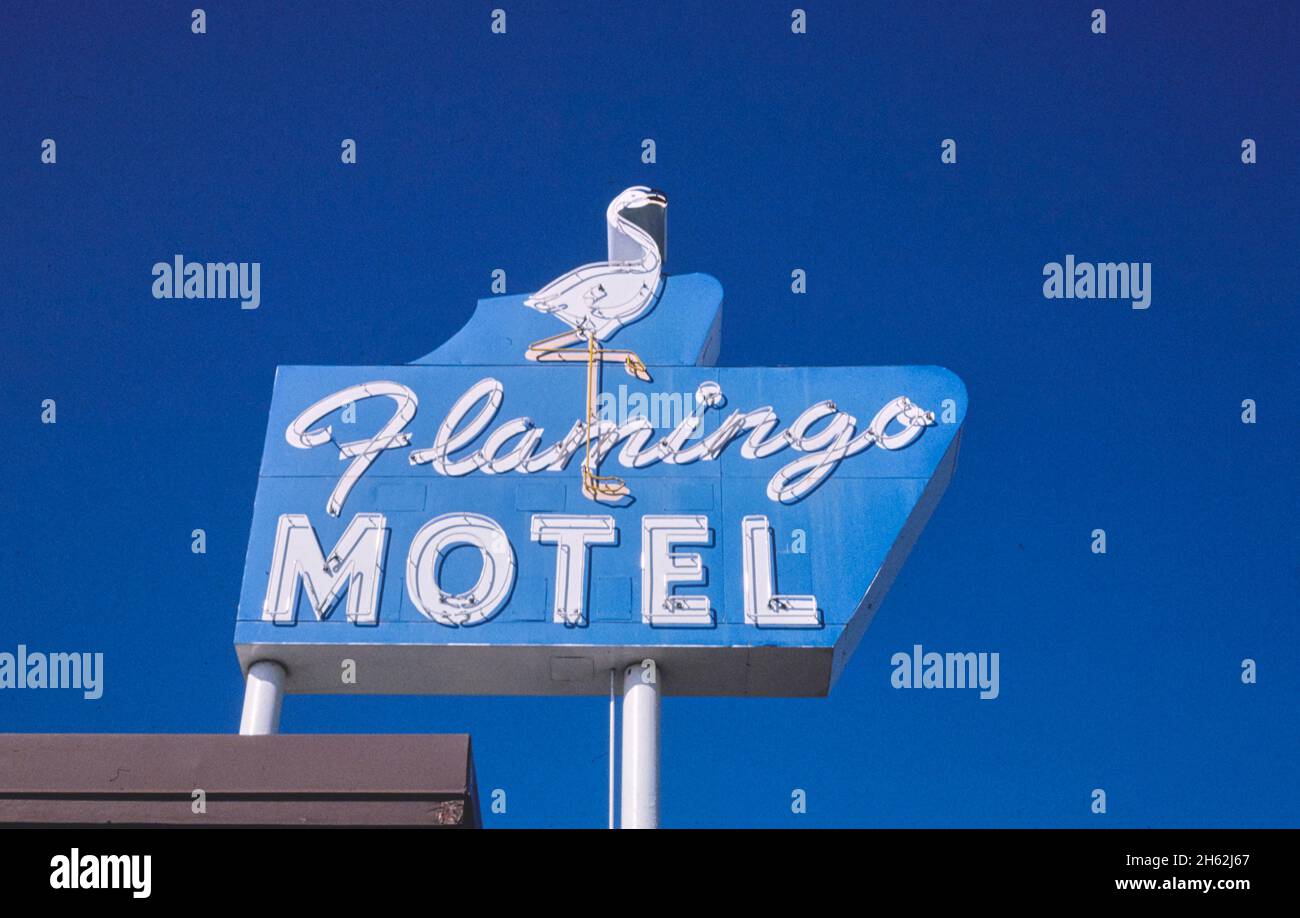 Flamingo Motel sign, Route 24, State Avenue, Kansas; ca. City, Kansas; ca. 1994 Stock Photo
