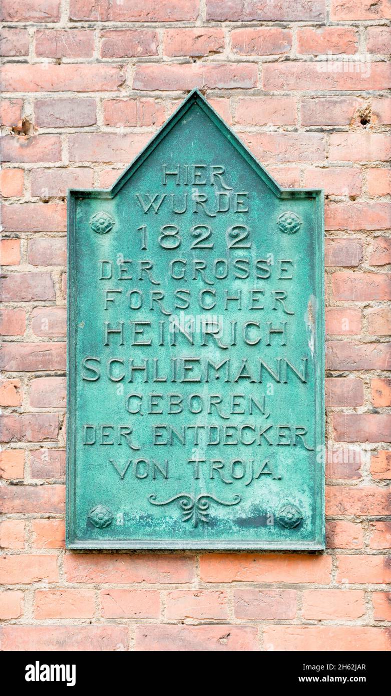memorial plaque on the house where heinrich schliermann was born,neubukow,mecklenburg-western pomerania Stock Photo