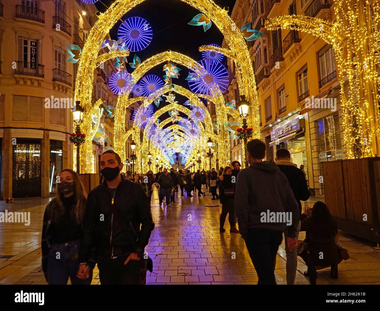 Malaga Christmas Christmas Lights in the center of Malaga, Spain Stock