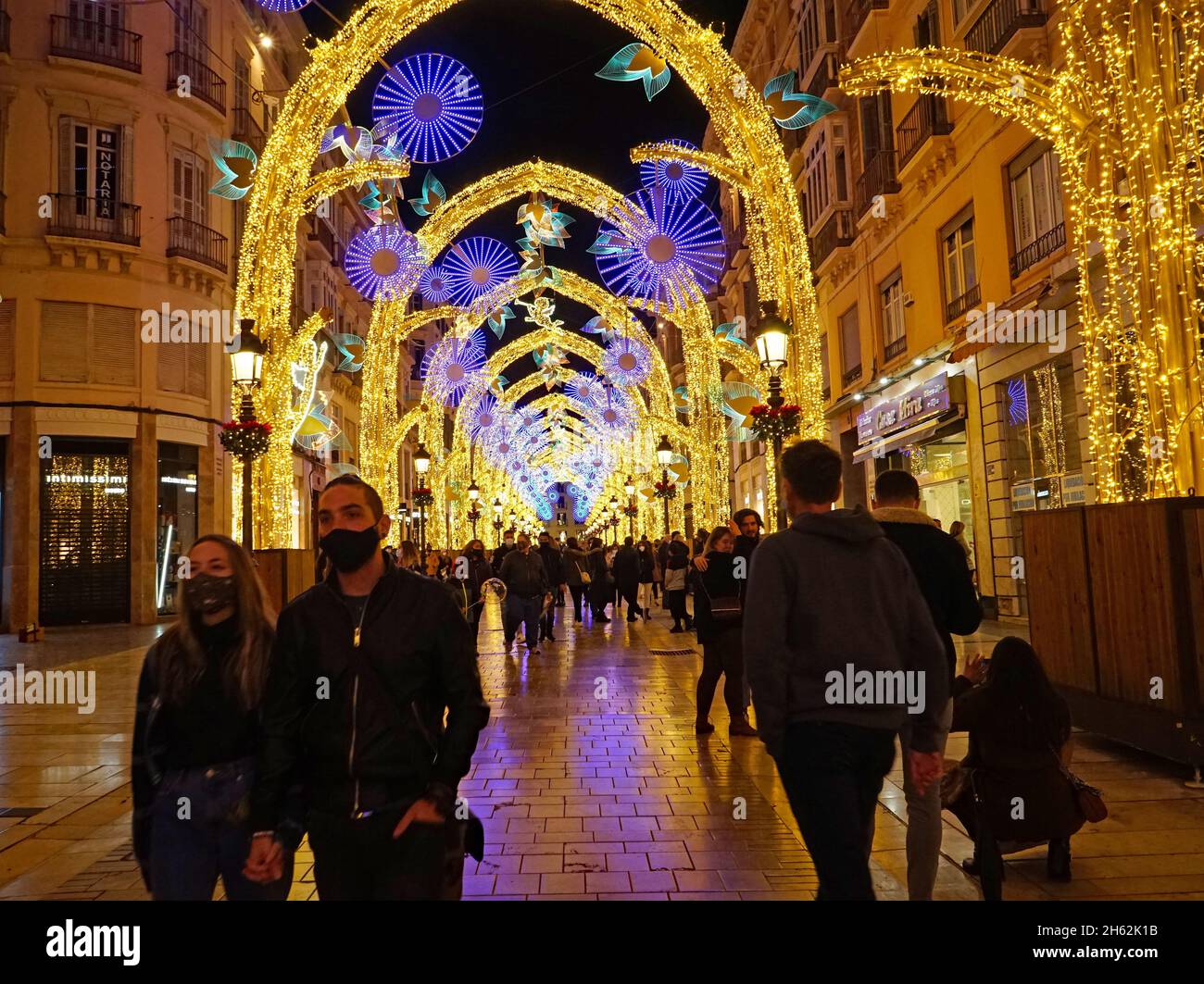 Malaga Christmas: Christmas Lights in the center of Malaga, Spain Stock Photo