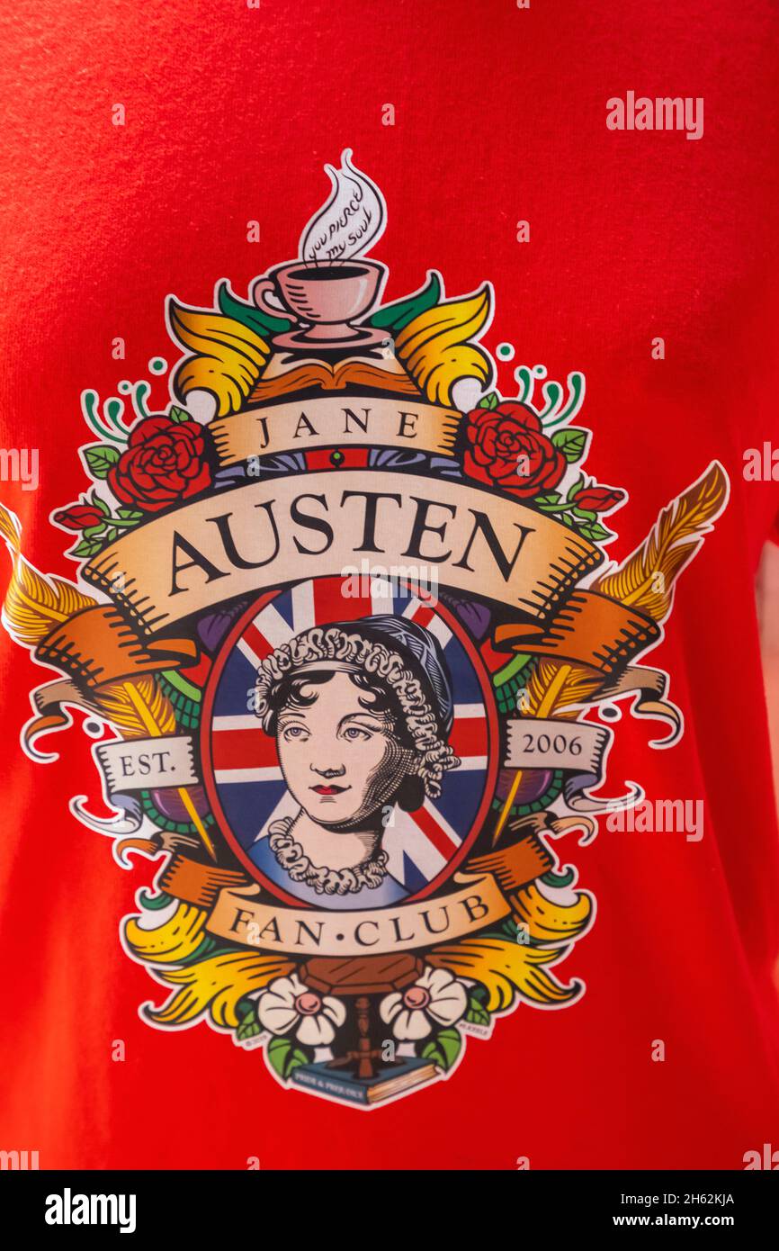 england,hampshire,alton,chawton,jane austen's house,souvenir shop display of jane austen fan club t.shirt Stock Photo