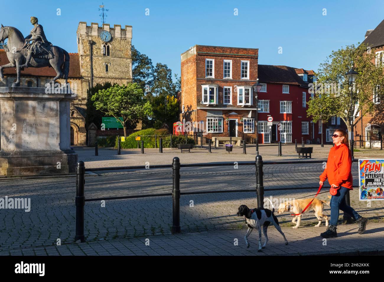 england,hampshire,petersfield,woman walking dogs in town centre Stock Photo