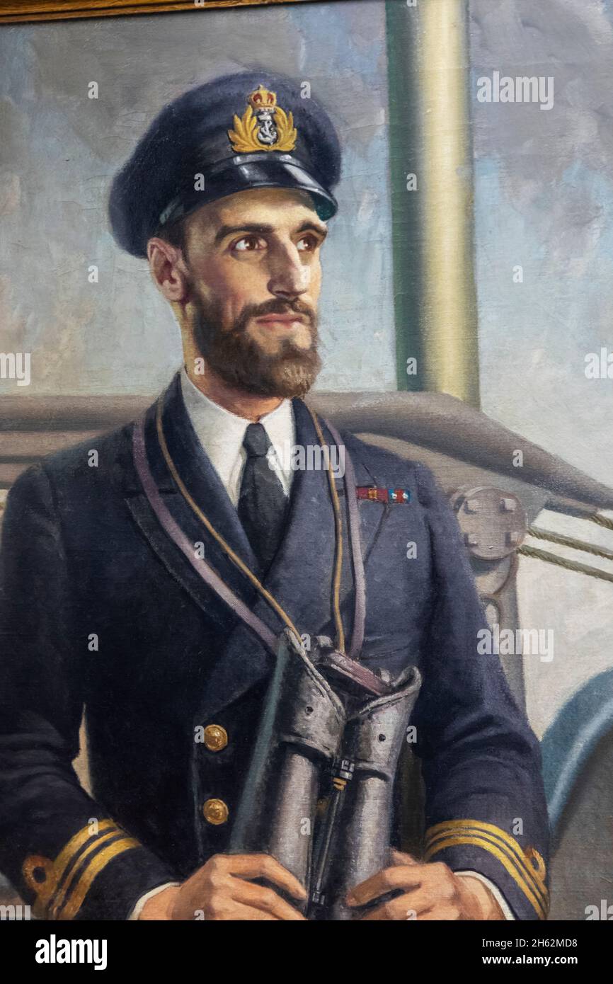 england,hampshire,portsmouth,gosport,portsmouth historic dockyard,submarine museum,portrait of lieutenant commander md wanklyn vc dso by harry morley dated 1943 Stock Photo