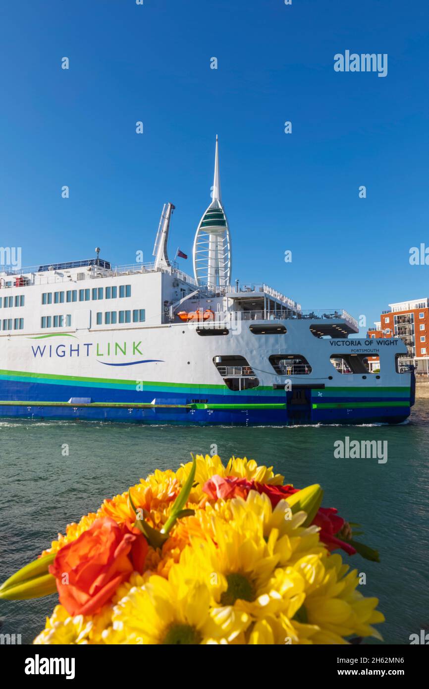 england,hampshire,portsmouth,wightlink car ferry and the spinnaker tower Stock Photo