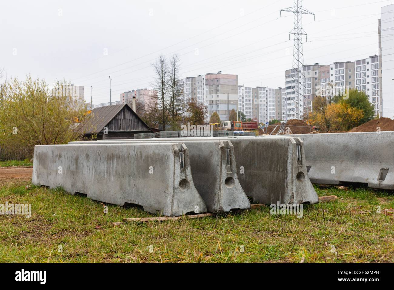 Concrete bumpers at a construction site. Chippers for traffic safety