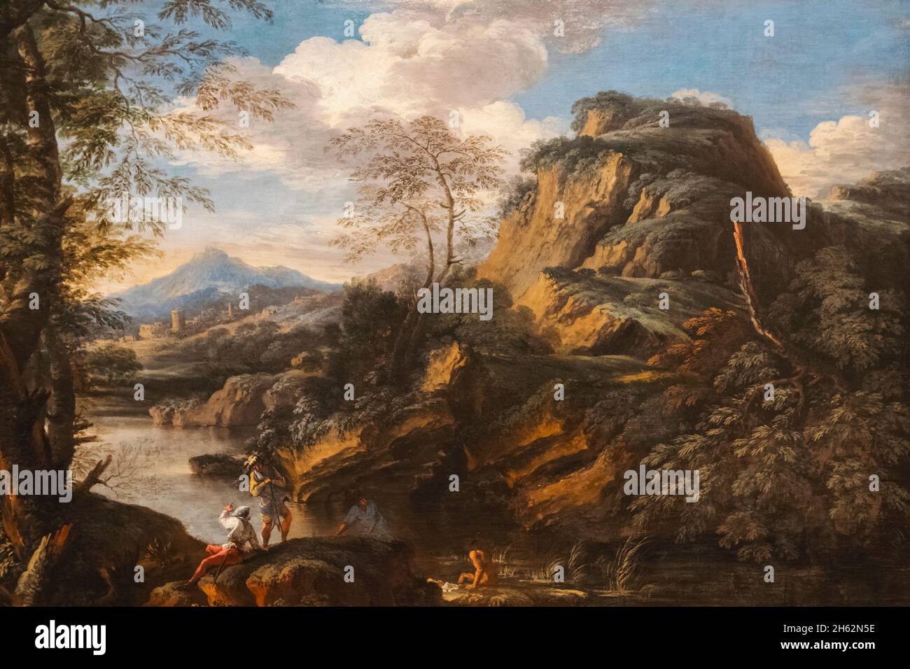painting titled 'a mountain landscape' by italian artist salvator rosa,17th century Stock Photo