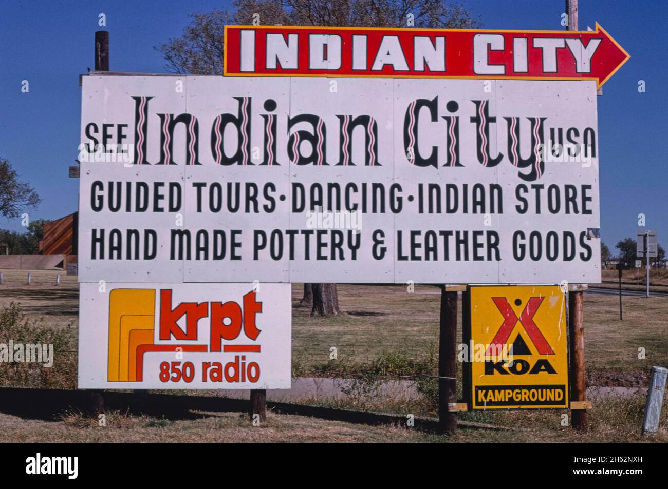 Indian City billboard, Routes 9 & 62, Anadarko, Oklahoma; ca. 1979 Stock Photo