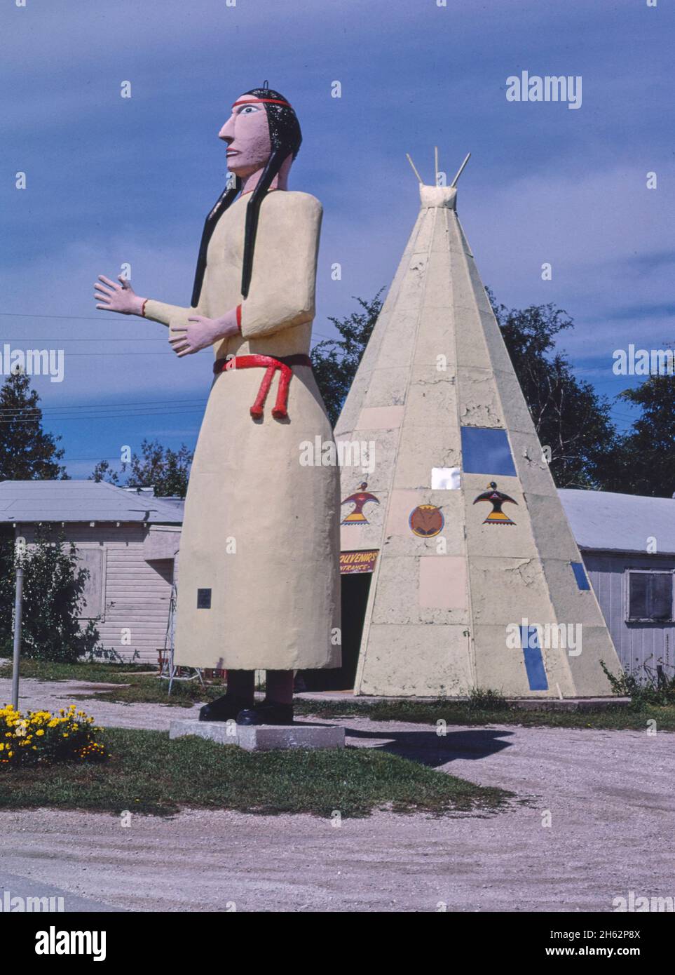 Pocahontas souvenir stand, vertical side angle, Route 3, Pocahontas, Iowa; ca. 1987 Stock Photo