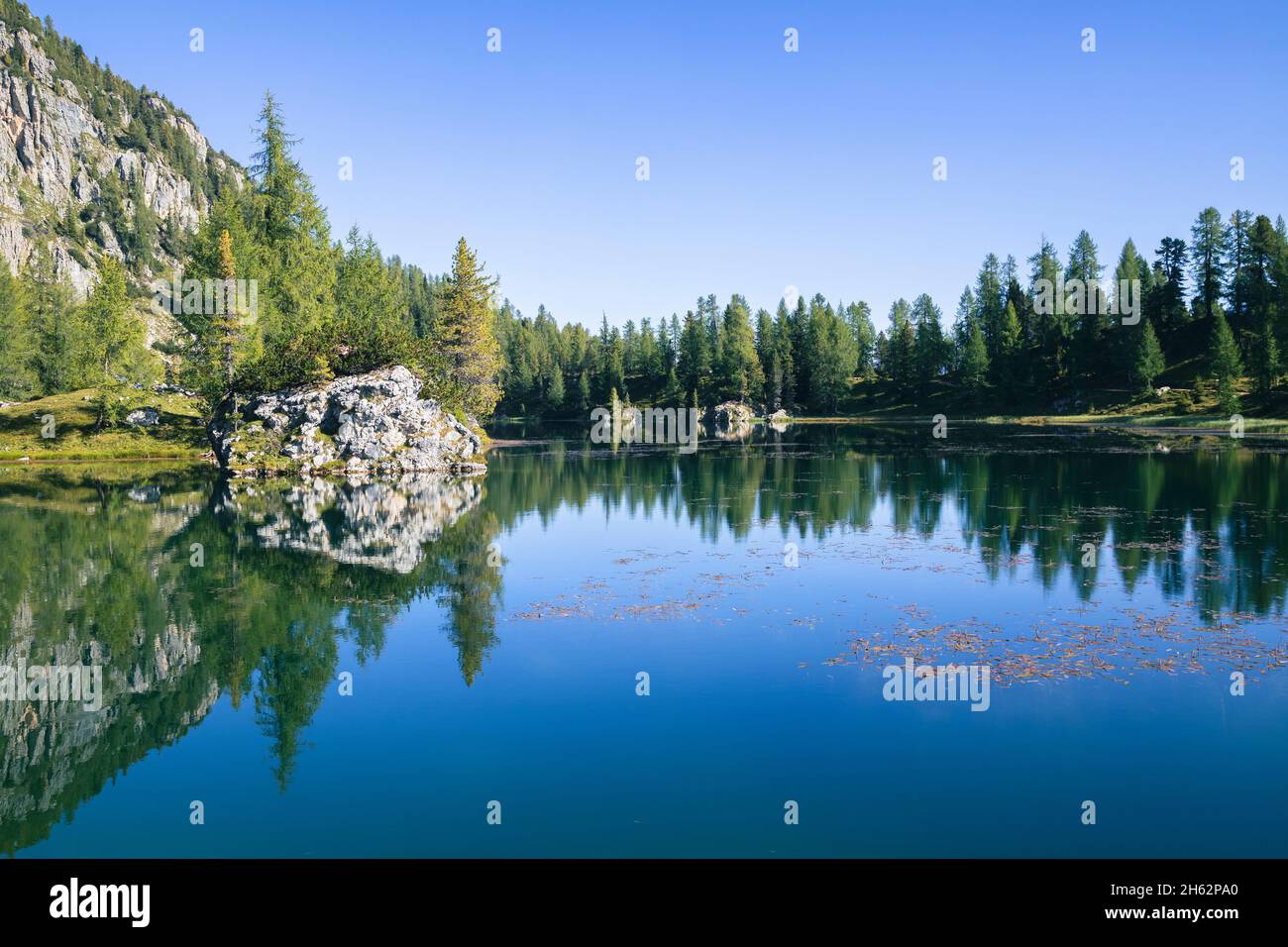 federa alpine lake near croda da lago,detail of reflections in the water,cortina d'ampezzo,belluno,veneto,italy Stock Photo