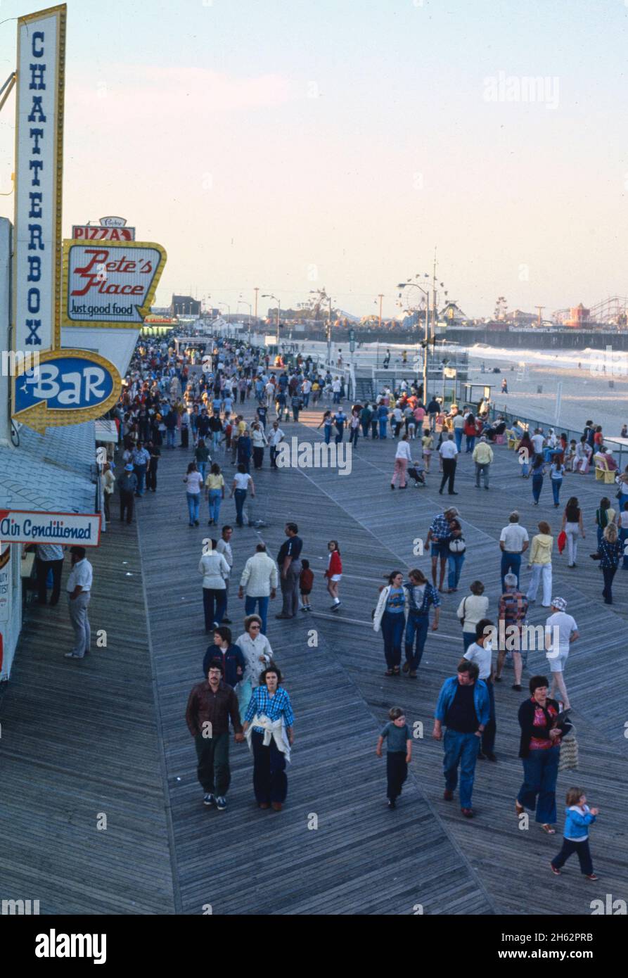 Boardwalk at dusk, Seaside Heights, New Jersey; ca. 1978 Stock Photo