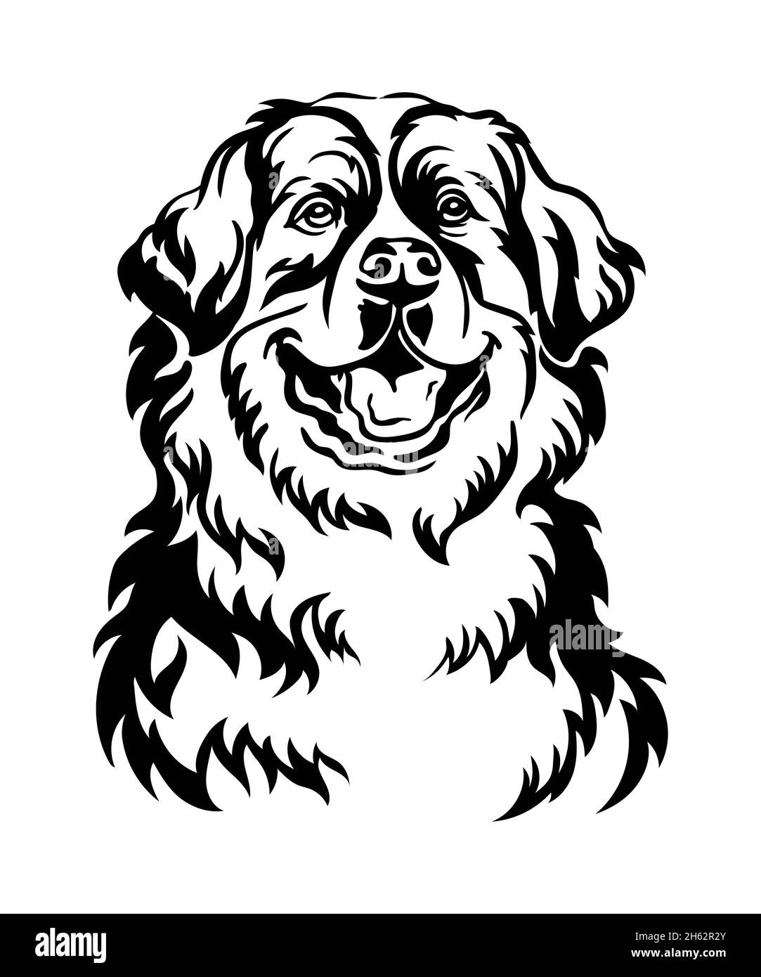 Bernese mountain dog black contour portrait. Dog head in front view vector illustration isolated on white. For decor, design, print, poster, postcard, Stock Vector
