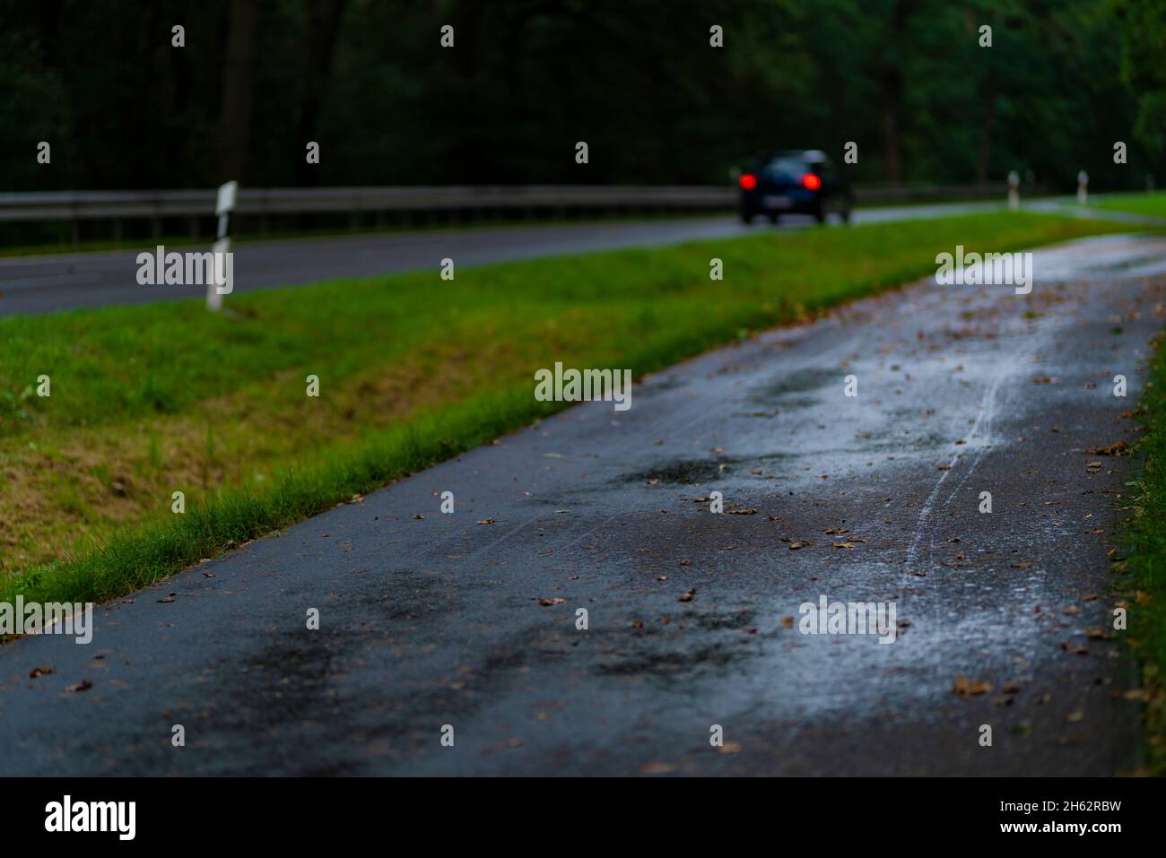 Wet bike way after the rain next to country road hires stock