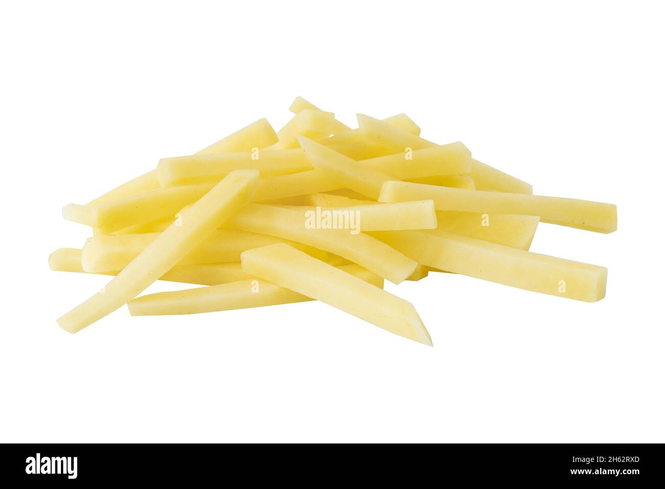 raw potato sliced strips prepared for french fries isolated on white background Stock Photo