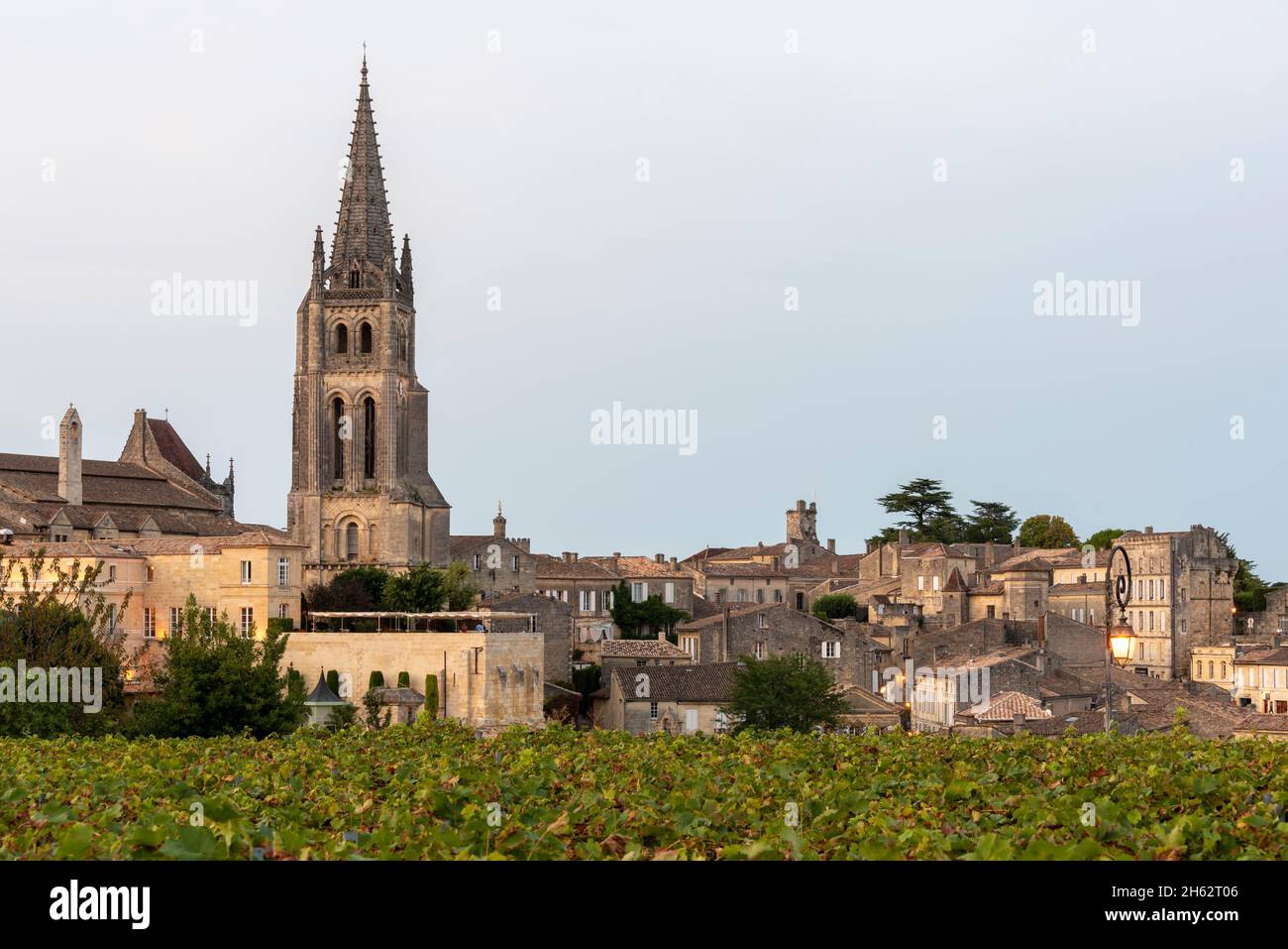 france,nouvelle-aquitaine,gironde department,saint emilion,grapevines,behind them the rock church,is a unesco world heritage site Stock Photo
