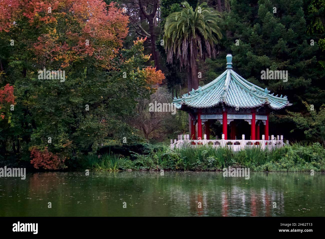 The Golden Gate Pavilion, a Chinese pagoda that was a sister city gift from Taipei, Taiwan in 1976, at Stow Lake in Golden Gate Park, San Francisco. Stock Photo