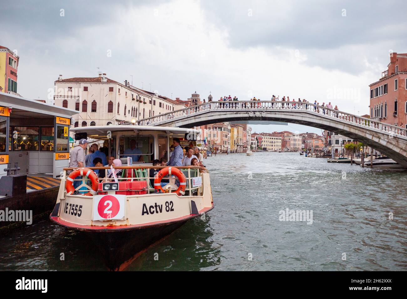 a trip down the grand canal in venice in a water taxi. the so-called 'vaporetto' is a primary mode of public transport and operates 24 hours a day. venice,italy Stock Photo