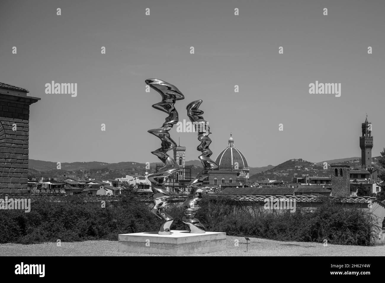 tony cragg at boboli gardens in florence (firenze),sculptures elliptical column,2012 and points of view,2018 Stock Photo