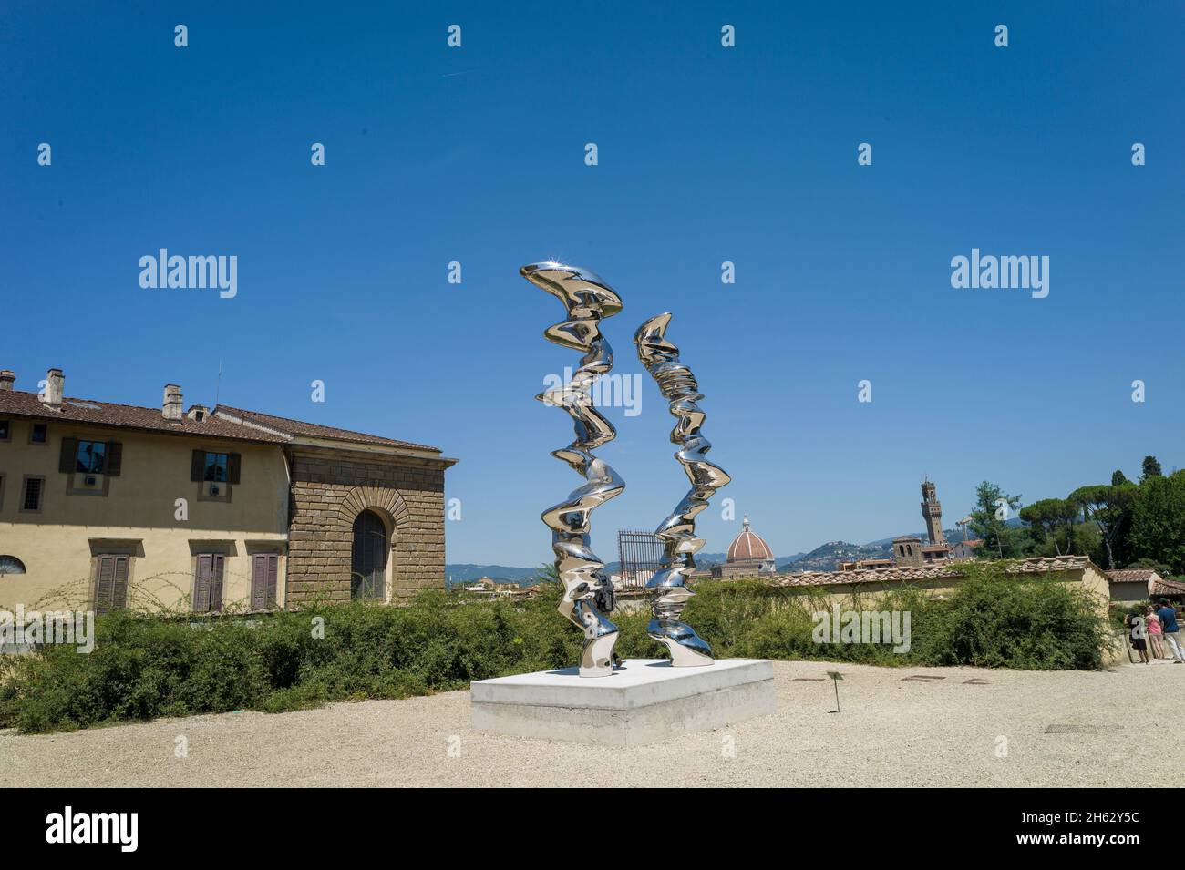 tony cragg at boboli gardens in florence (firenze),sculptures elliptical column,2012 and points of view,2018 Stock Photo